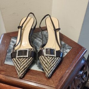 Kate Spade Black and Tan Plaid Slingback Heels
